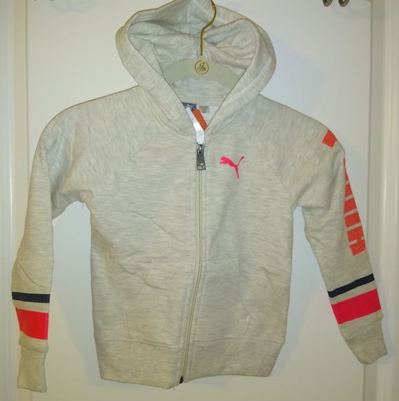 NEW NWT Puma Logo Zip-Up Hoodie Sweatshirt Kid's Girl's 4 Gray & Pink - Picture 1 of 8